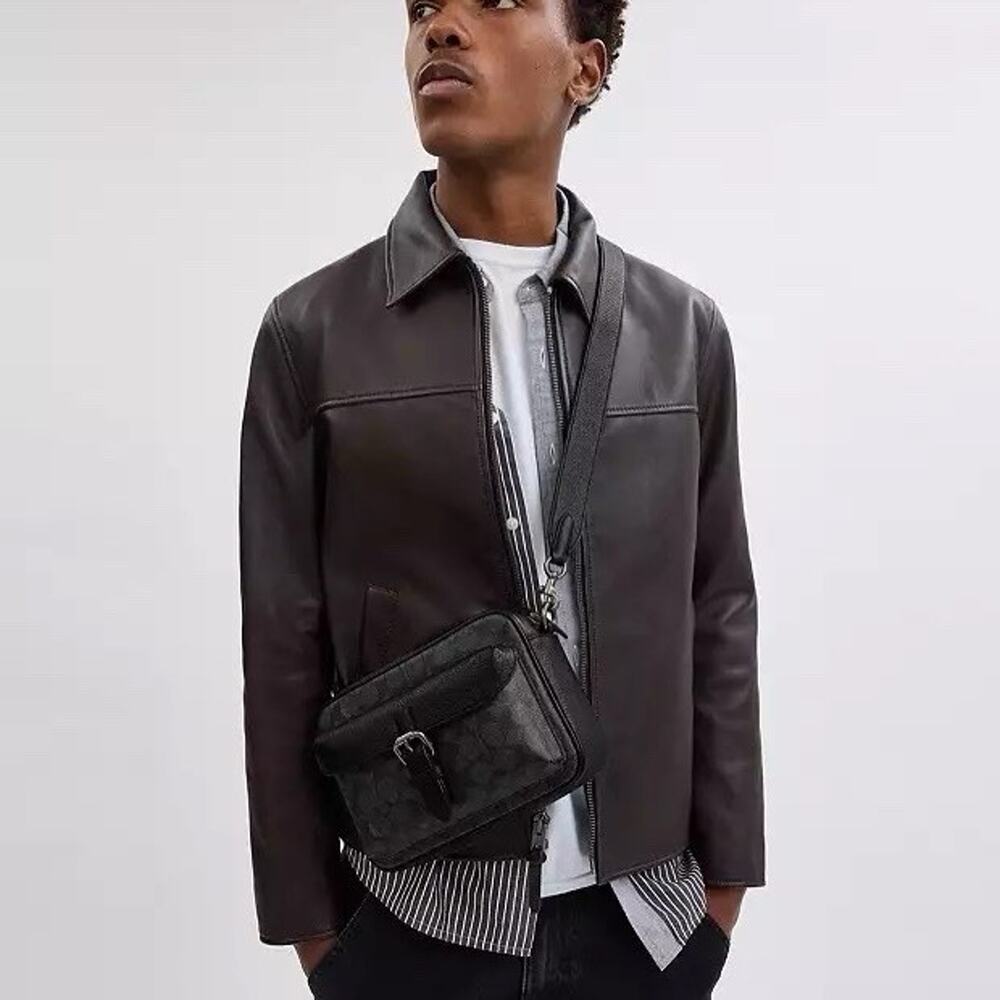 NWT COACH MEN'S Warner Crossbody Bag Signature Canvas CW217 Charcoal/Black - Picture 8 of 9